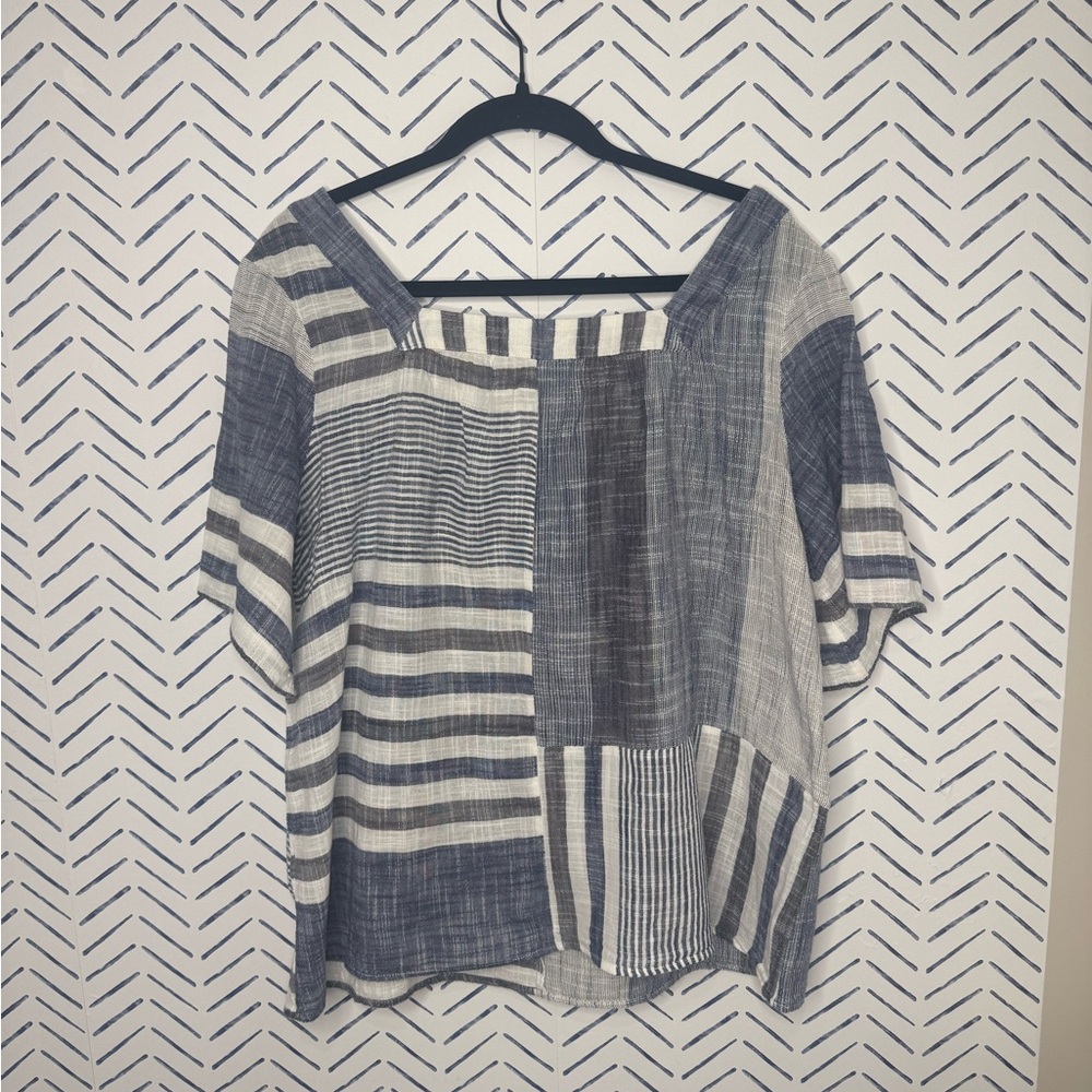 J.JILL Womens SZ L Blue Striped Patchwork Cotton Gauze Shirt Coastal
